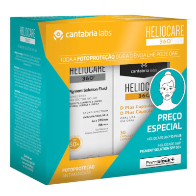 Heliocare 360º Pigment Solution Fluid FPS50+ 50ml + Heliocare 360º D Plus Cápsulas x30  | Farmácia d'Arrábida