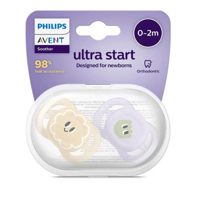 Philips Avent Ultra Start Chupeta Lilas/Bege Bonecos 0-2m x2 | Farmácia d'Arrábida