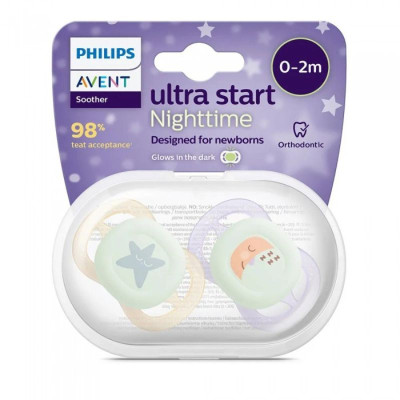 Philips Avent Ultra Start Nighttime Chupeta Lilas/Bege 0-2m x2 | Farmácia d'Arrábida